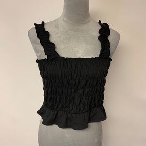 H & M Blouse Cropped Smocked Ruffles Bohemian 70s Vibe Black Womens Size L
